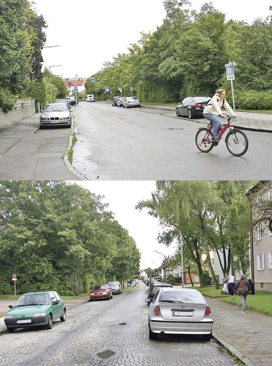 Eine Fahrradstraße könnte auch in der Merseburger Straße im Bereich der Schule entstehen. (oben). Auch die Karl-Lipp-Straße wurde von den Moosacher Lokalpolitikern vorgeschlagen. Fotos: ws