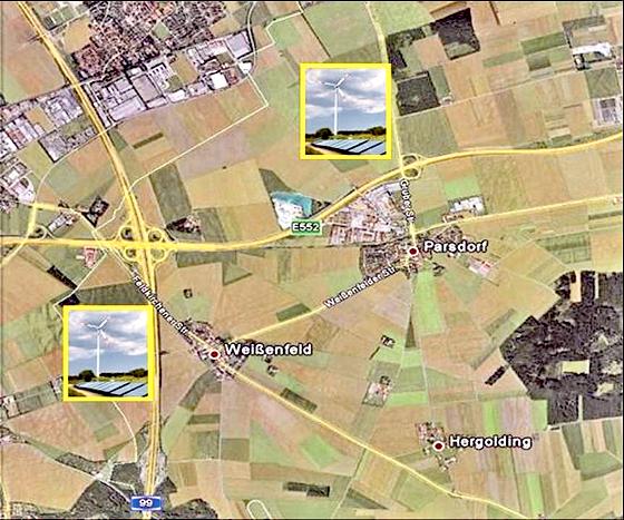 Zwei Standorte im Gemeindegebiet Vaterstetten eignen sich bestens für Windkraftanlagen: westl. der A99 und nördl. der A94.	Grafik: Energiewende Vaterstetten