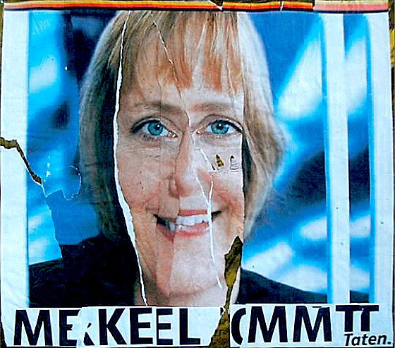 Kandidatin Merkel zerlegt und neu zusammengefügt. Hans Reimanns Collagen zeigen Politiker mit  ausdrucksvolleren Zügen.	Foto: VA