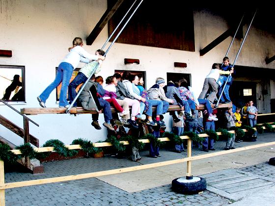 Ob im Stehen oder im Sitzen: Gut festhalten ist angesagt beim Kirtahutschn auf dem Kappelmairhof in Gelting.	Foto: Anni Wachinger