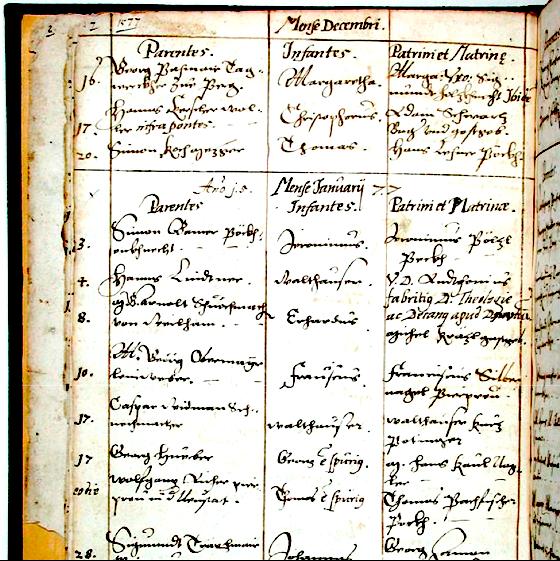 Das älteste Taufbuch im Archiv des Erzbistums, das Taufbuch der Pfarrei St. Jodok in Landshut, begonnen 1576. Aufgeschlagen sind die Einträge von Dezember 1576 bis Februar 1577. Foto: Erzdiözese