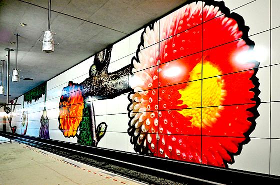 Verschiedene Pflanzenmotive zieren die 100. U-Bahn-Station »Moosach Bahnhof«. 	Foto: Baureferat