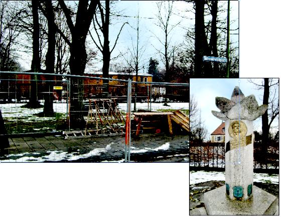 Derzeit noch Lagerplatz für Baumaterial  ab April wird die Grünanlage Böhmerwaldplatz wieder hergerichtet. Das  Adalbert-Stifter-Denkmal im Park  geschaffen von dem  böhmischen Bildhauer Leopold Hafner.	Fotos: ikb
