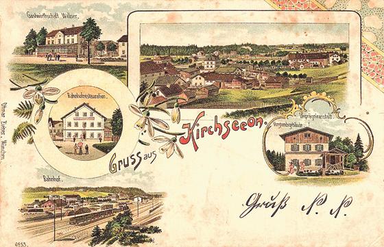 Bildpostkarte von Kirchseeon aus dem Jahre 1900 mit Ansichten vom Bahnhofs- und Schwellenwerksgelände.  Foto: Museum der Stadt Grafing