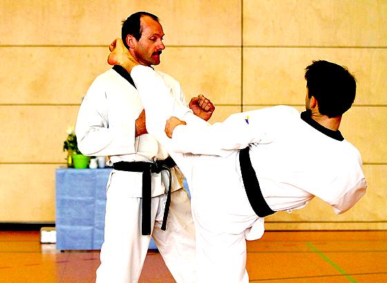 Quirin Schnack bei einem präzise abgestoppten  Taekwondo-Tritt.	Foto: Privat