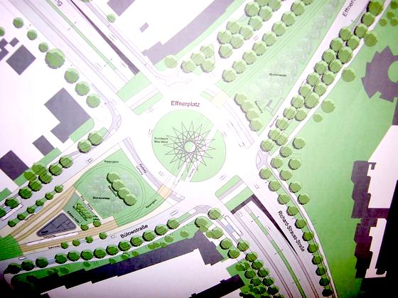 So sieht die letzte Grünplan-Fassung für den Effnerplatz rund um das Stangerl-Kunstwerk Mae West aus. 	Foto: ikb