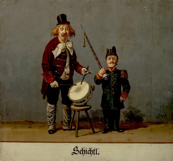 Josef Widmann malte um 1910 Michael August Schichtl mit seinem Tambourmajor Anton Stumpf, genannt Stopsel.  Foto: Münchner Stadtmuseum, Sammlung Graphik/Plakat/Gemälde