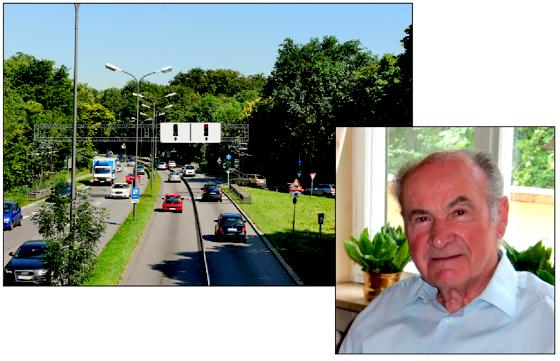 Der Bogenhausener Physiker Werner Bosch (rechts) hatte die Idee für die »halbe Ampel« an der Einmündung der Ifflandstraße in den Isarring. Die Visualisierung zeigt die Schilder- brücke über den Isarring. Los geht es mit der neuen Lösung am 8. August. 		Vi