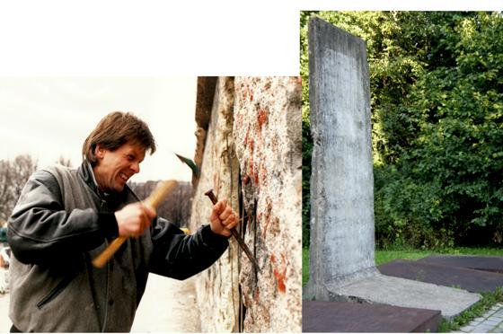 Wolfgang Ettlich 1989 als Mauerspecht. Ein Stück Berliner Mauer mitten in München: seit 15 Jahren steht es als Mahnmal Deutsche Einheit an der Königinstraße 5. Fotos: Privat/ms