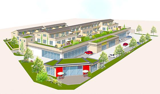 So könnte das neue Einkaufszentrum in der Waldkolonie aussehen: Unten Vollsortimenter, oben Wohnungen, dahinter Reihenhäuser. 	Foto: Höldrich Architekten