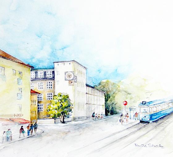 Das diesjährige Ausstellungsplakat zeigt ein Gemälde der Grundschule an der Kreuzung Kreiller-/Josephsburgstraße im Herzen des Stadtviertels, gemalt von Künstlergildemitglied Paula Stratz. Foto: Privat