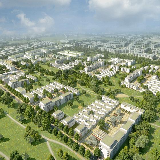 Das neue Viertel in Bogenhausen: Modellansicht des künftigen Wohngebiets Prinz-Eugen-Park an der Cosimastraße.	Illustration: GSP architekten