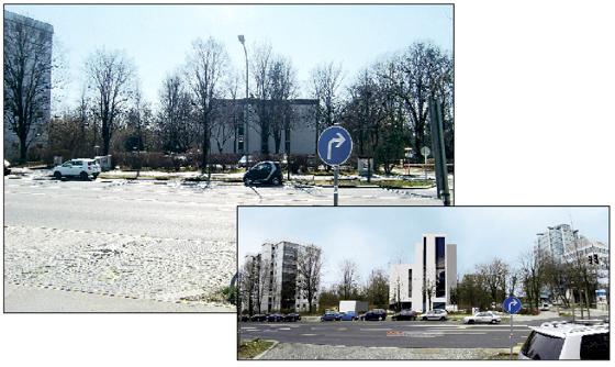 So wie auf der Montage rechts könnte das schlanke Hochhaus auf dem Grundstück des Parkplatzes vor dem Gebäude Denninger Straße 96 (oben) einmal aussehen.    Foto: ikb, Fotomontage:  DBLB Planungsgesellschaft