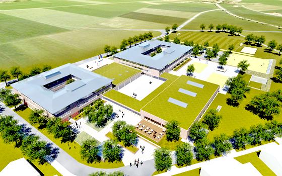 Der neue Schulcampus bietet auf fünf Hektar Platz für ein neues Gymnasium und eine neue Fachoberschule. 	Plan: Architekturbüro Fritsch + Tschaidse