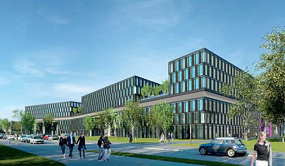 Riesstraße in Moosach: Wo jahrzehntelang eine Chemiefabrik stand, entsteht nun ein neuer Bürokomplex. Simulation: Hammer AG