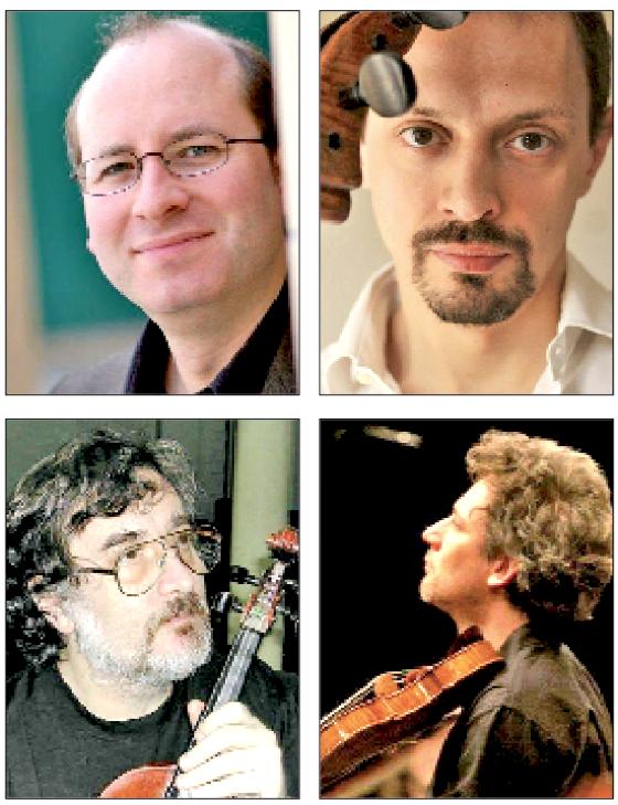Oliver Triendl (l. o.), Xavier Philipps (r. o.), Vladimir Mendelssohn (l. u.)  und David Grimal (r. u.) spielen bei der Saisoneröffnung des Kammermusikzyklus in Zorneding. 	Fotos: privat