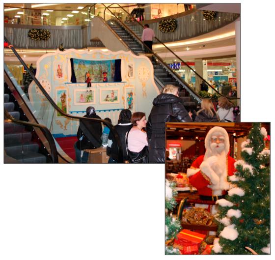 Auf der Weihnachtsbühne (o.) im mira gibt es verschiedene Aktionen im Advent. Donnerstags kommt der Nikolaus und verteilt Leckerein (r.)	Fotos: db