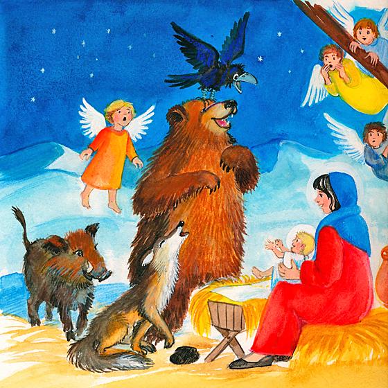 Der kleine Engel Daniel ist mit seinen Freunden Bär, Wolf, Wildschwein und Rabe bei der Krippe angekommen. 	Foto: Judith Steinbacher