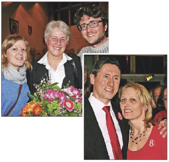 Brigitte Weinzierl mit ihren Kindern Cora und Quirin am Wahlabend. Auf dem Foto rechts: Christoph Böck, seine Frau Petra und Parteifreunde warteten gespannt auf das Ergebnis. Fotos: ws