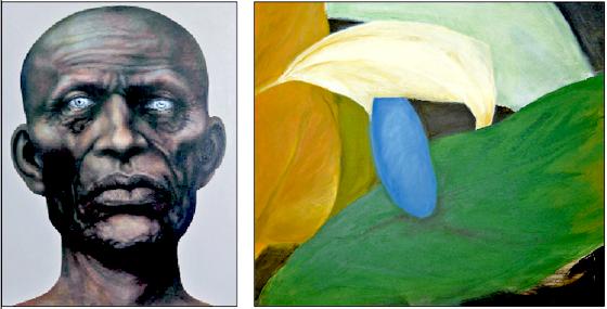 Wolfgang Schuster präsentiert ein Acryl auf Leinwand unter dem Titel »Kopf utopisch« (links) und Künstlerin Inge Machner eine Impression mit Acryl auf Leinwand (rechts). 	Fotos: VA