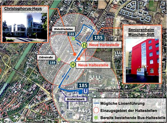 Variante I zur Anbindung des MünchenStift-Seniorenhauses und des Christopherus-Hospizes an der Effnerstraße sieht die Verlängerung des StadtBusses 185 ab Arabellapark vor.	Karte: MVG-Leistungsprogramm 2014