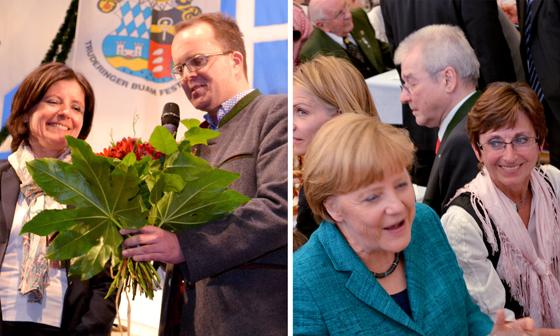 Ministerpräsidentin von Rheinland-Pfalz Malu Dreyer mit MdL Markus Rinderspacher (links). Bundeskanzlerin Angela Merkel mit Bezirksrätin Friederike Steinberger.	Fotos: ar