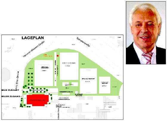Der Lageplan der geplanten SVN-Dreifachsporthalle mit Kletterzentrum. Vorsitzender Norbert Kreitl (Foto) wünscht sich, dass die Grundsteinlegung bereits im September für dieses Bauprojekt erfolgen kann.	Fotos: SVN / privat