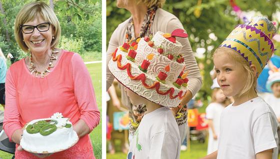 Die Leiterin de Kinderwelt Harlaching, Theresa Bauer, wurde mit einer Torte überrascht. Foto: VA (links) Das Sommerfest stand ganz im Zeichen des 30-jährigen Kindergartenjubiläums. Foto: VA (rechts)
