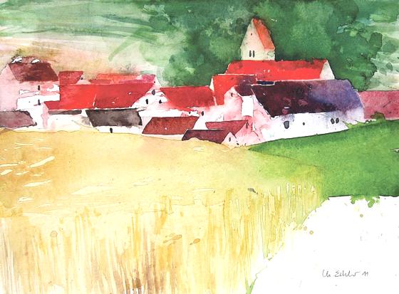 »Dorf bei Wolnzach« ist der Titel dieses leuchtenden Aquarells mit roten Dächern und grünen Wiesen des Künstlers Christian Eckler. 	Foto: VA