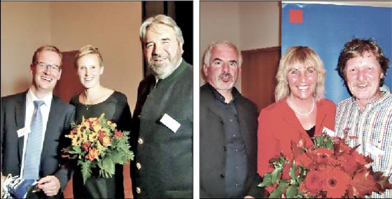 Thomas Reichel (li.) mit seiner Lebensgefährtin Kathleen Kober und Dietrich Keymer.	Foto rechts: Gabriele Müller, Cherin Sakkal (li.) und Ehemann Peter Schießl. F: ikb