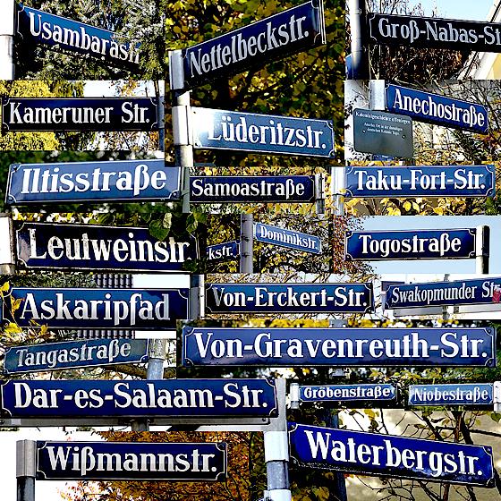 Koloniale Straßennamen in den Münchner Stadtteilen Bogenhausen und Trudering.	 Fotos: Zara S. Pfeiffer,  Collage: HMJokinen