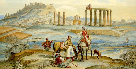 Blick auf Athen mit der Akropolis und dem Hadrianstor.	 	Aquarell: Johann Michael Wittmer (1833)
