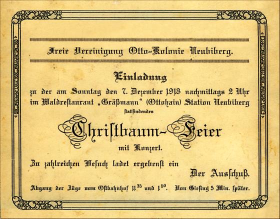 Einladungskarte zur Christbaum-Feier mit Konzert aus dem Jahr 1913. Dokument: Archiv