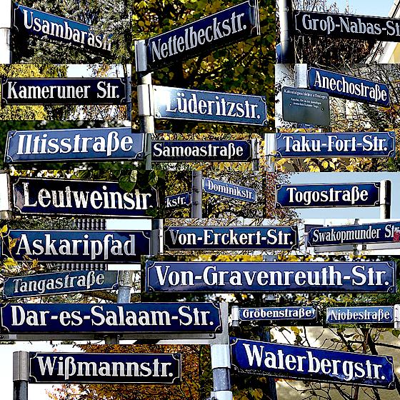 Koloniale Straßennamen in Bogenhausen und Trudering.	Fotos: Zara S. Pfeiffer, Collage: HM Jokinen