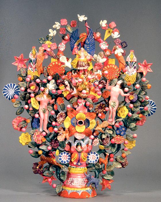 Detail aus dem paradiesischen Lebensbaum Alfonso Sotenos: Eva. Keramik, Metalldraht, gemodelt, handgeformt, kalt bemalt. Metepec, Mexiko, 1969. 	Foto: © Bayerisches Nationalmuseum München