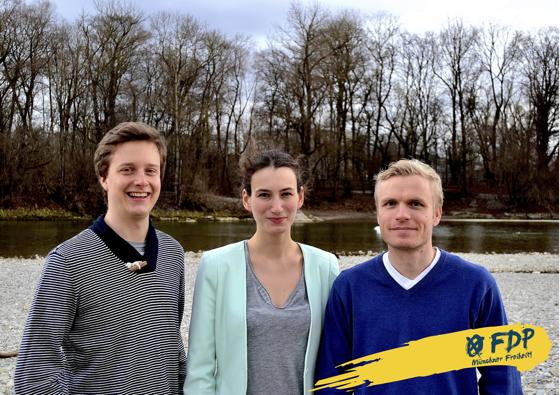 Oliver Schmidt, Jasmine Kuklinski und Robert Klein wollen in Untergiesing-Harlaching mit liberaler Politik die Bürger erreichen.