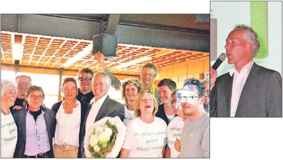 Jubel beim alten und neuen Neubiberger Bürgermeister Günter Heyland (Mitte) und Ehefrau Susanne (links von ihm) und seinen Parteifreuden.	Fotos: Boschert