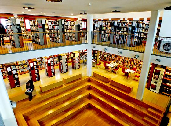 Ein Ort der Ruhe, Zerstreuung und Bildung. Die Stadtbücherei Erding mit ihrem einladenden Atrium. Ein immer größerer Teil liest von zu Hause online!	Foto: kw