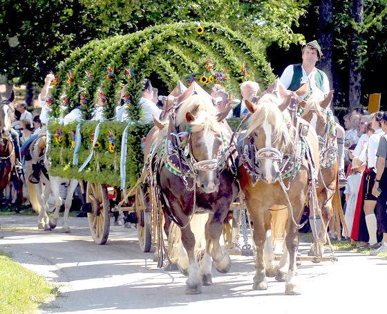 Festlich geschmückte Pferdewagen gehören zum  Leonhardiumzug in Siegertsbrunn dazu. 	Foto: Schunk