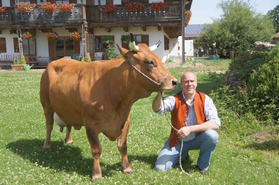 Landwirt Georg Schlickenrieder mit Bayerns schönster Kuh »Regina« vor seinem »Archehof« in Otterfing. 	Foto: Woschée
