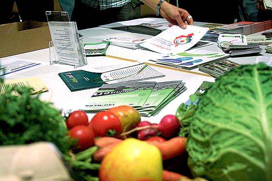 Der Infotisch mit krummen Gemüse und vielen Broschüren rund um Aktionen gegen Lebensmittelverschwendung.  	Foto: Katharina Sigl