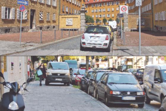 Was für ein Unterschied: Alltäglicher Straßenzustand mit Parklizenz-Gebiet wie in der Borstei (oben) und ohne im Stadtteil Haidhausen (u.).	Fotos: Julia Stark
