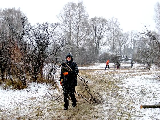Auch im Schneetreiben für Münchens Natur im Einsatz:  Ehrenamtliche der LBV-Biotoppflege tragen auf einer Streuwiese in Ludwigsfeld Schnittgut zusammen. 	Foto: C. Köbele