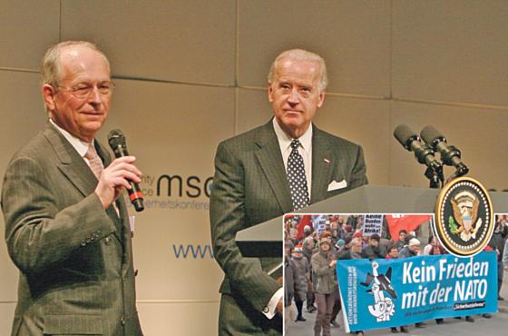 Während Wolfgang Ischinger (li.) US-Vizepräsident Joe Biden begrüßt, werden in München wieder Gegenkundgebungen stattfinden. Fotos: Dettenborn/MSC, ChrisBMuc