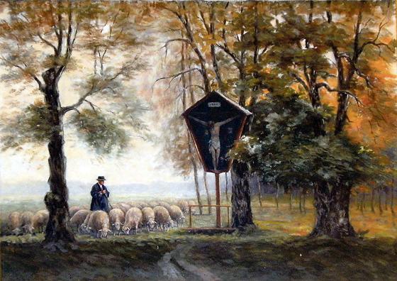 Der Künstler Ernst Haymann schuf dieses stimmungsvolle Bild von einer Schafherde an einem Feldkreuz. 	Foto: VA