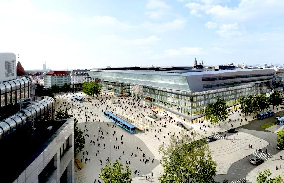 So sieht der Entwurf des Hauptbahnhofs der Architekten Auer Weber von Nordosten her aus. Die Trambahnen befinden sich auf dem Bahnhofplatz.	Grafik: Im Blickpunkt
