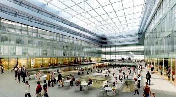 Ein Blick in die geplante neue Empfangshalle des Münchner Hauptbahnhofs: weitläufig, hell, klare Linien.	Grafik: Im Blickpunkt