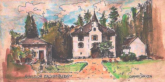 Das Schloss Falkenberg in einer Zeichnung des im Jahr 2000 verstorbenen Moosacher Künstlers Oskar Mayer.	Foto: Dorfarchiv Moosach