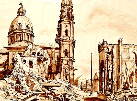 Die Münchner Innenstadt bei Kriegsende zu großen Teilen zerstört, wie hier bei der Feldherrenhalle (re.) und der Theatinerkirche.	Bild: Veranstalter