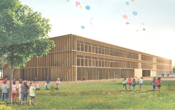 Die Ruth-Drexel-Grundschule ist eine von vier neuen Grundschulen, die aus Kosten- und Zeitgründen in einem modularen System errichtet werden.	Visualisierung: wulf architekten